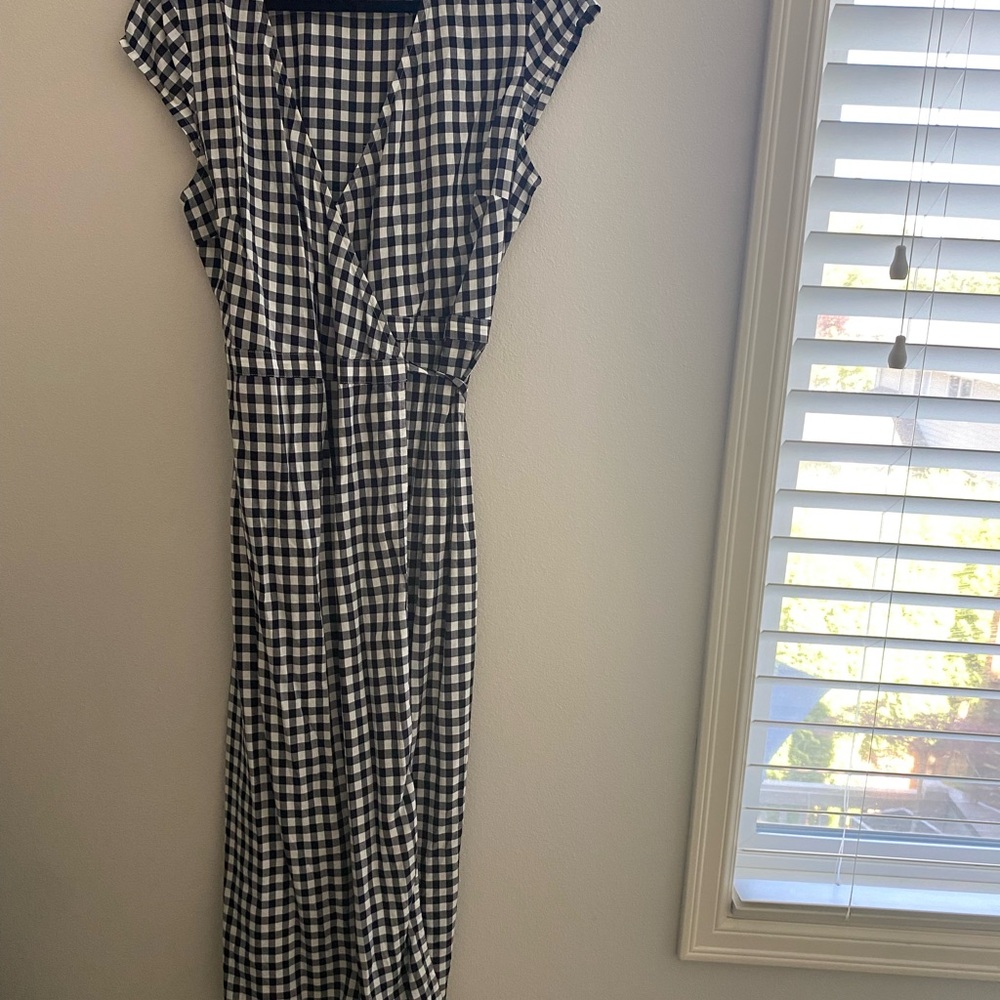 J. Crew Blue and White Wrap Midi Sundress with Flutter Cap Sleeves